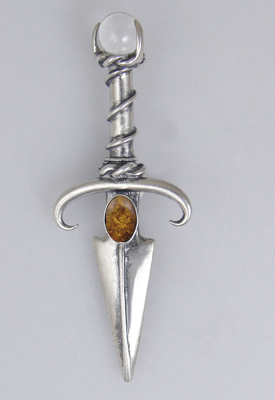 Sterling Silver Black Prince's Knife Dagger Pendant With Amber